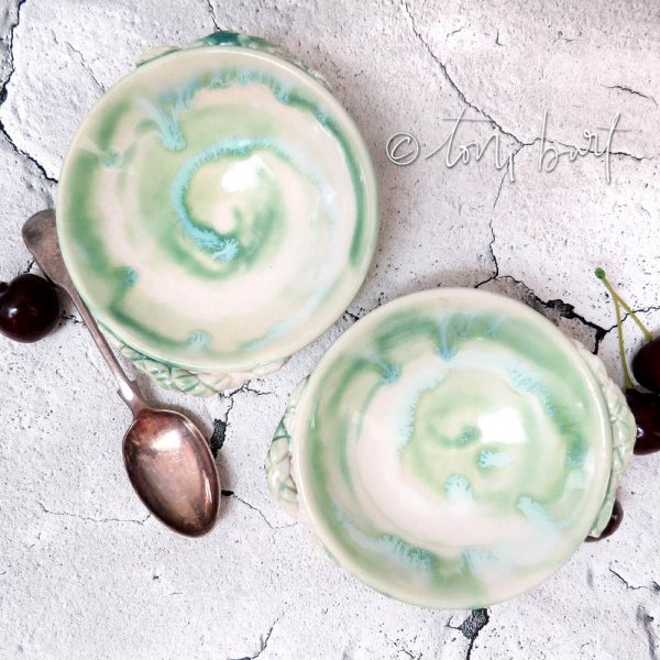 handmade pair small ceramic bowls with drippy glaze