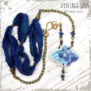 blue floral vintage porcelain art necklace