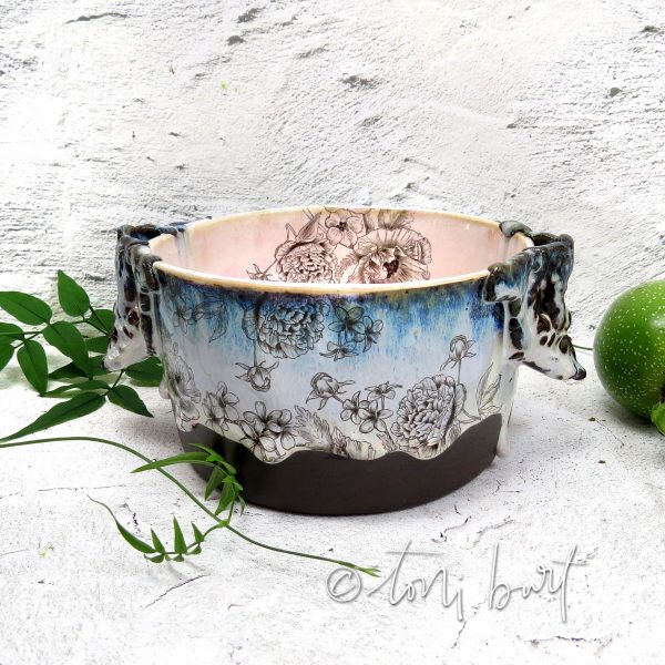 handmade chocolate clay bowl with vintage florals