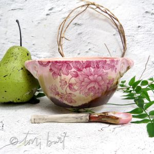handmade toile pink floral bowl and ceramic spoon