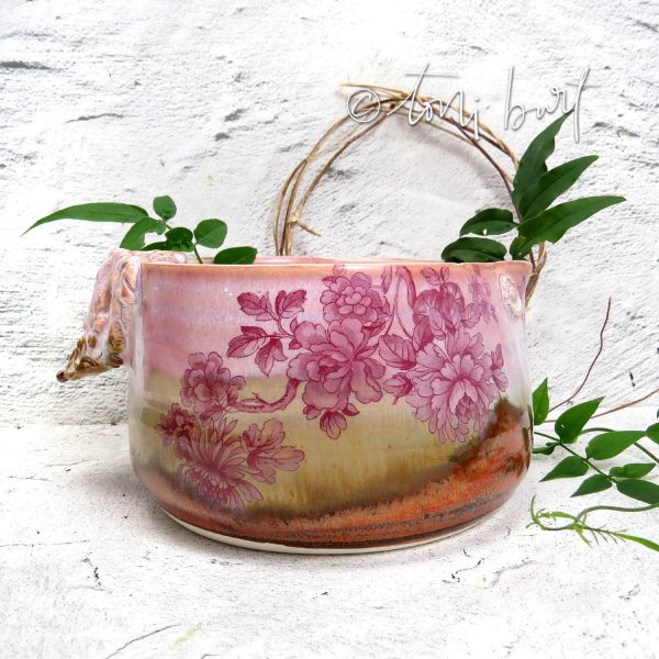 handmade pink floral vintage style squat pitcher