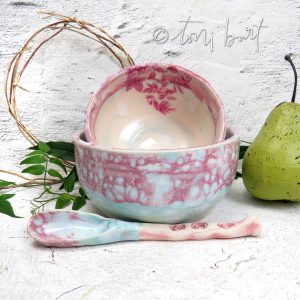 pink and aqua speckled glaze bowl set with ceramic spoon