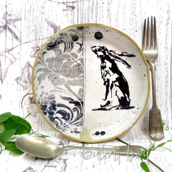handmade ceramic plate with hare and vintage floral