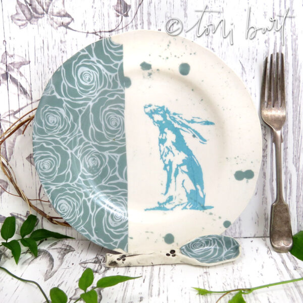 handmade ceramic hare plate with ceramic spoon