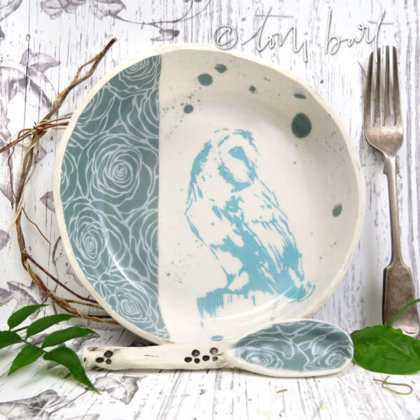 handmade owl ceramic plate with spoon