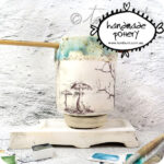 handmade artist tools ceramic paint palette brush water jar with tall trees moon mushrooms by toni burt 2