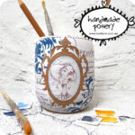 handmade artist tools ceramic paint palette brush water jar with whimsical girl toni burt pottery 2