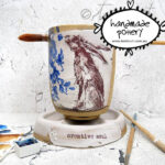 handmade artist tools ceramic watercolor paint palette brush water jar with hare rabbit by toni burt pottery 1