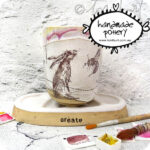 handmade artist tools ceramic watercolor paint palette brush water jar with hare rabbit by toni burt pottery 3