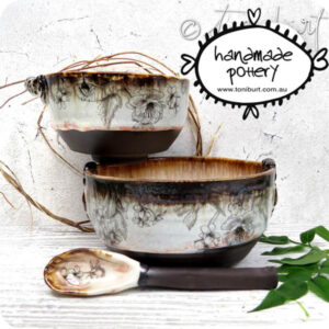handmade ceramic bowl with botanical motif vintage floral chocolate clay by toni burt 1