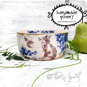 handmade ceramic bowl with fox and bee blue floral toile toni burt