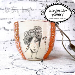 handmade ceramic bowl with whimsical girl sketch toni burt 2