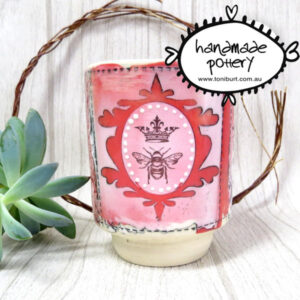 handmade ceramic cup jar vase with botanical theme and honey bee crown toni burt 4