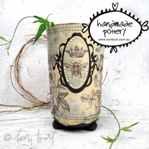 handmade ceramic cup jar vase with botanical theme and honey bee crown toni burt 6