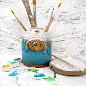 ceramic artist paint palette and brush jar - handmade