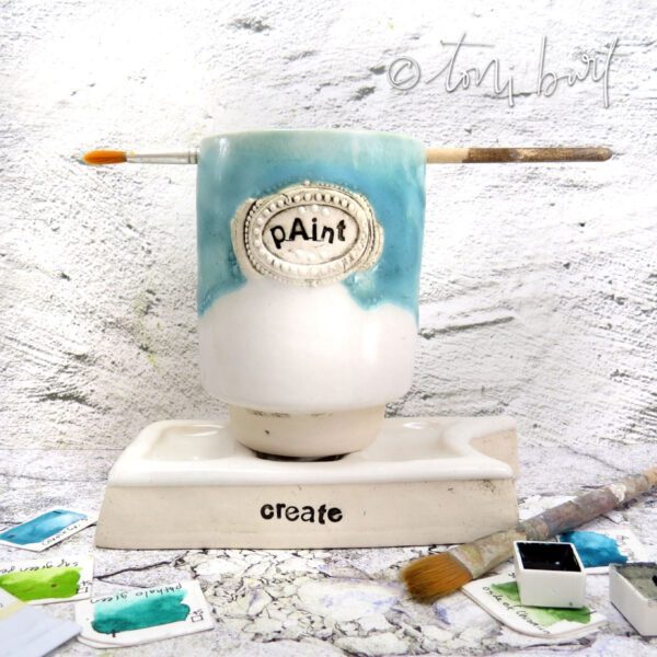 handmade ceramic artist paint palette and water jar teal
