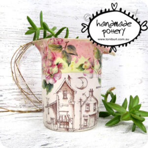 handmade ceramic pitcher jug with whimsical houses urban sketch toni burt 1