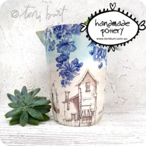 handmade ceramic pitcher jug with whimsical houses urban sketch toni burt 2