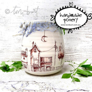 handmade ceramic pitcher jug with whimsical houses urban sketch toni burt 3