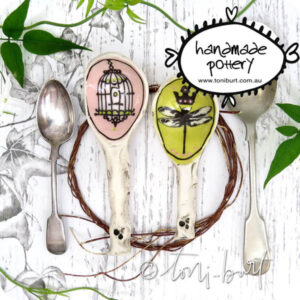 handmade ceramic spoons flatware cutlery spoon set with bird cage dragonfly and crown by toni burt