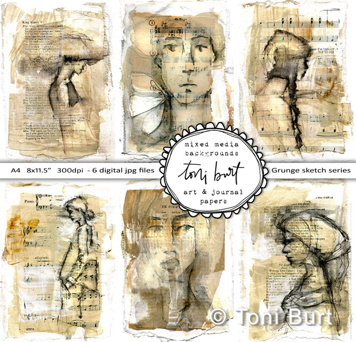 scrapbooking art journal and junk journal papers one of a kind hand drawn grunge sketch girls by toni burt