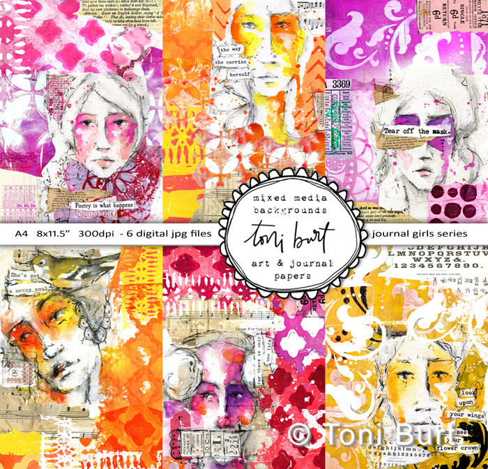scrapbooking art journal junk journal papers one of a kind hand drawn girls download digital files by toni burt