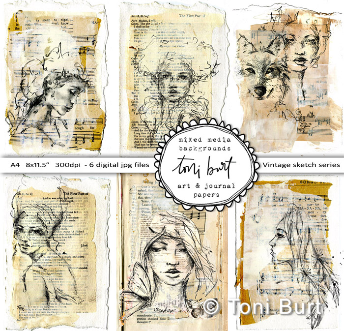 scrapbooking art journal junk mixed media kraft papers unique hand drawn sketches portrait digital files by toni burt