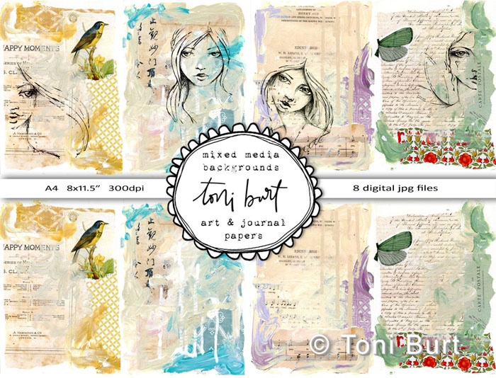 scrapbooking art journal junk mixed media papers hand drawn girls download digital files by toni burt 1