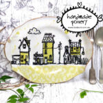 handmade pottery ceramic plate with urban houses and vintage floral by toni burt