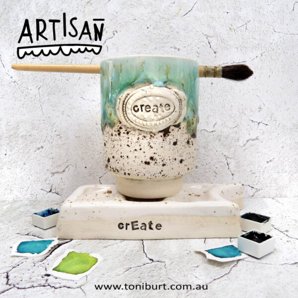 handmade ceramic paint palette and water jar artisan series 0003