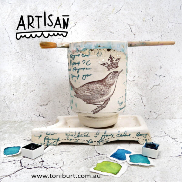 handmade ceramic paint palette and water jar artisan series bird crown 0001