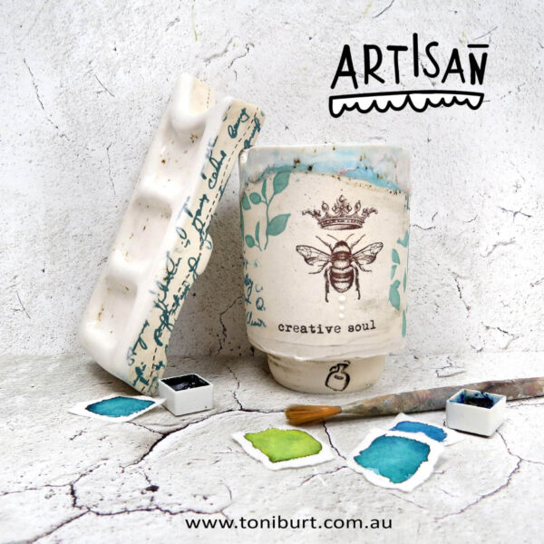 handmade ceramic paint palette and water jar artisan series bird crown 0002
