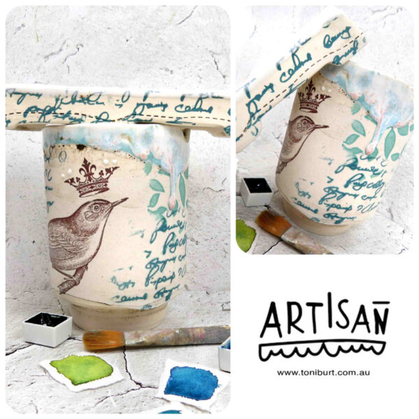 handmade ceramic paint palette and water jar artisan series bird crown pc 0001