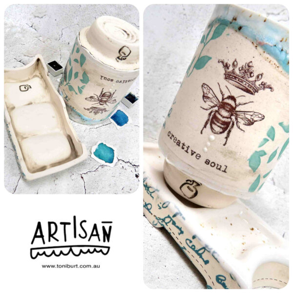 handmade ceramic paint palette and water jar artisan series bird crown pc 0002