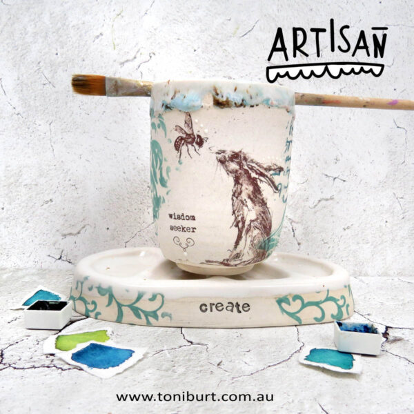 handmade ceramic paint palette and water jar artisan series hare 0005
