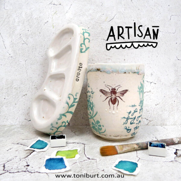 handmade ceramic paint palette and water jar artisan series hare 0006