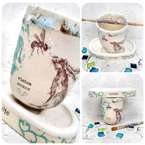 handmade ceramic paint palette and water jar artisan series hare pc 0005