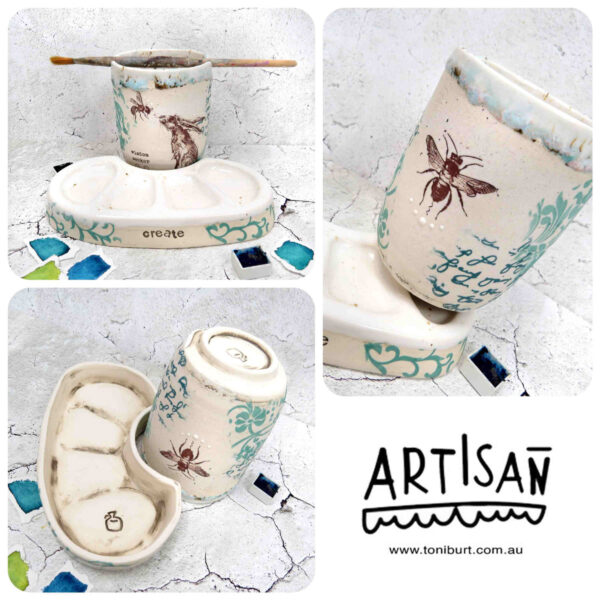 handmade ceramic paint palette and water jar artisan series hare pc 0006