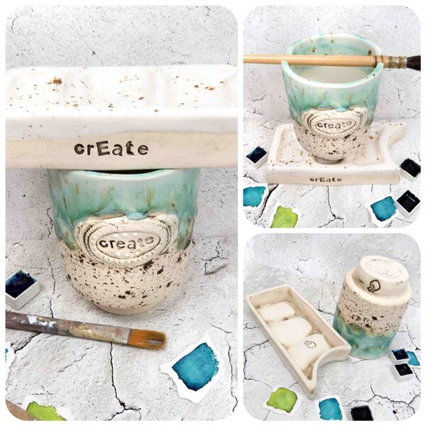 handmade ceramic paint palette and water jar artisan series pc 0003