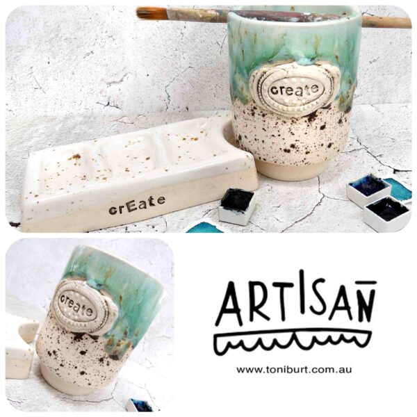 handmade ceramic paint palette and water jar artisan series pc 0004