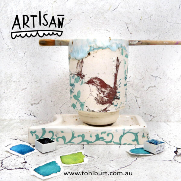 handmade ceramic paint palette and water jar artisan series wren 0001