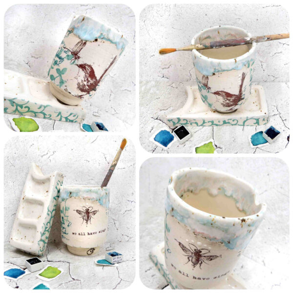 handmade ceramic paint palette and water jar artisan series wren pc 0001