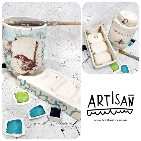 handmade ceramic paint palette and water jar artisan series wren pc 0002