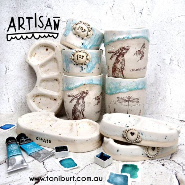 artisan handmade ceramic palette and jar sets for artist blue sets and hare