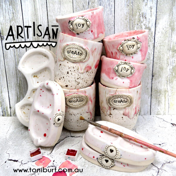 artisan handmade ceramic palette and jar sets for artist pink sets 2