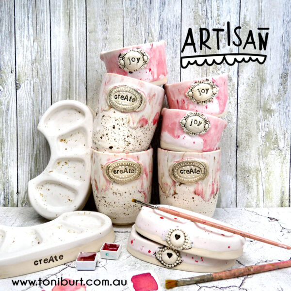 artisan handmade ceramic palette and jar sets for artist pink sets