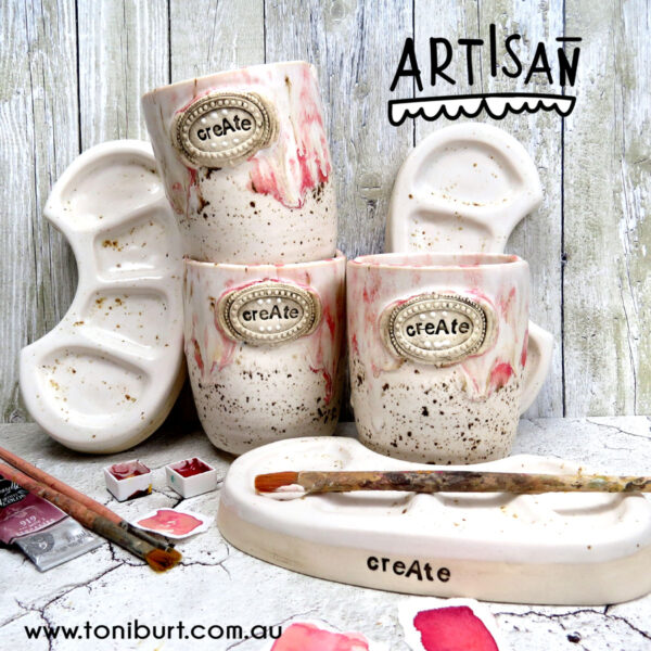 artisan handmade ceramic palette and jar sets in pink 3