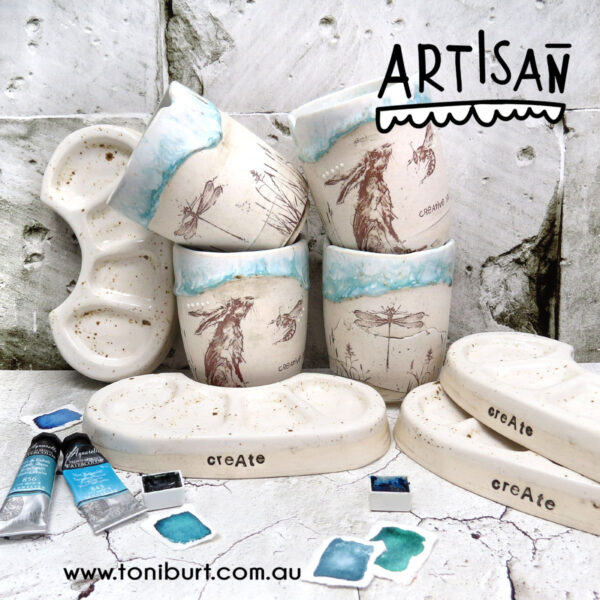 artisan handmade ceramic palette and jar sets in teal with hare 2