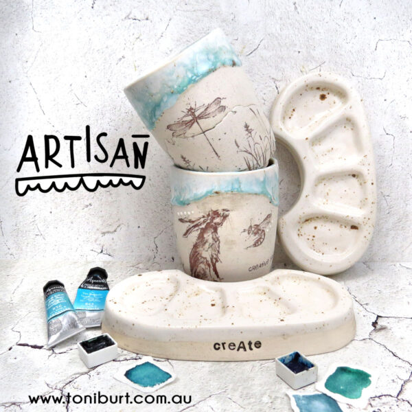 artisan handmade ceramic palette and jar sets in teal with hare
