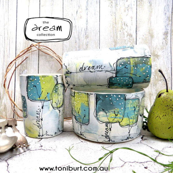 handmade ceramic bowls with whimsical trees dream series teal